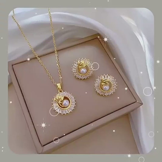 Elegant Pearl & Crystal Leaf Necklace and Earrings Set