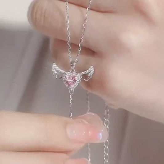 Cupid Heart Angel Wings Tassel Necklace with Crystal
