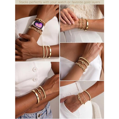 Gold Bracelet Set for Women – 14K Gold Plated Chunky Cuff & Stackable Bangles, Waterproof