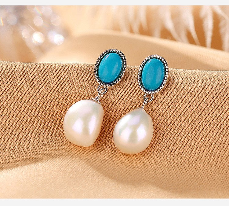 Vintage Turquoise & Baroque Pearl Drop Earrings