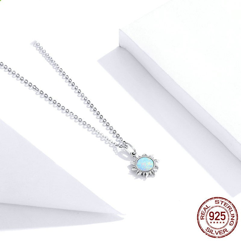 Sterling Silver S925 Sun Necklace with Opal – Platinum Plated