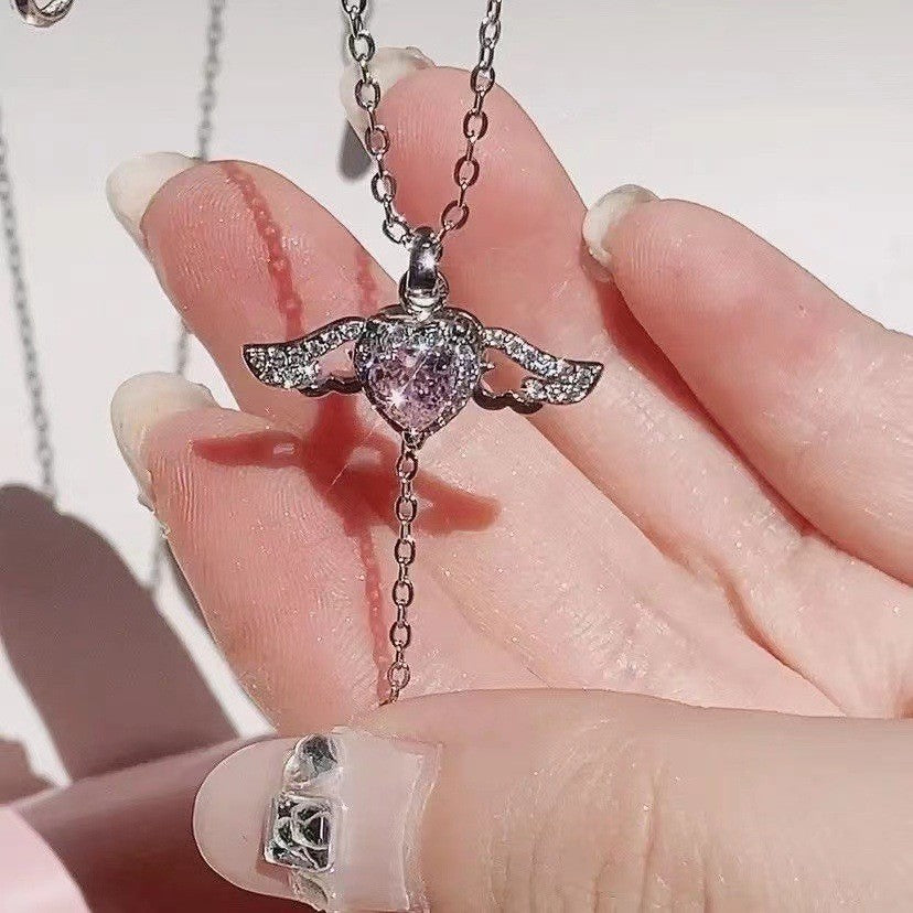 Cupid Heart Angel Wings Tassel Necklace with Crystal