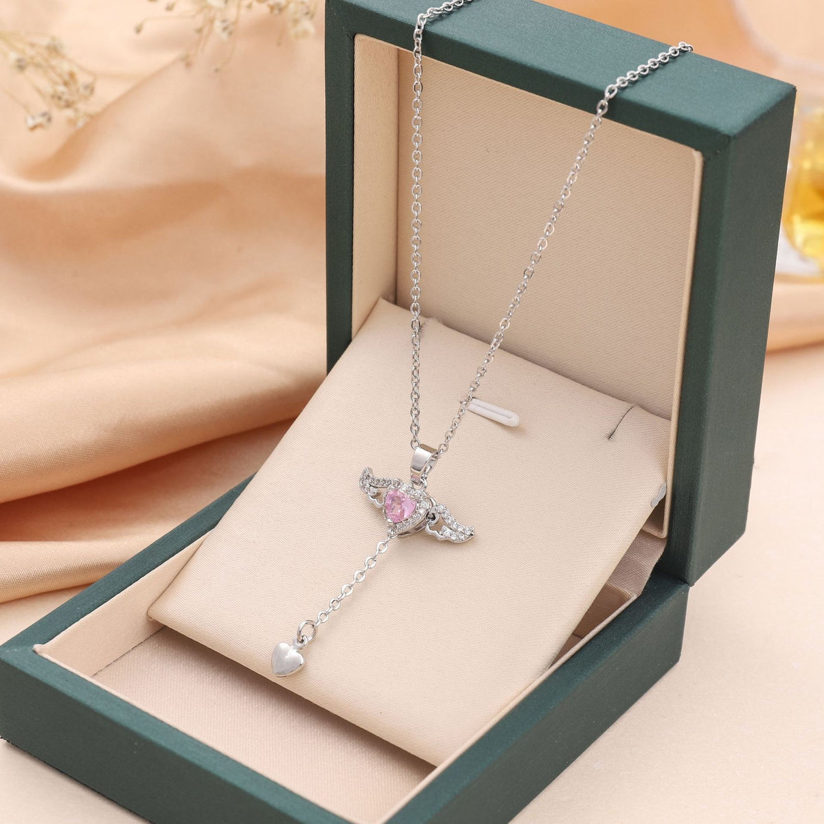 Cupid Heart Angel Wings Tassel Necklace with Crystal