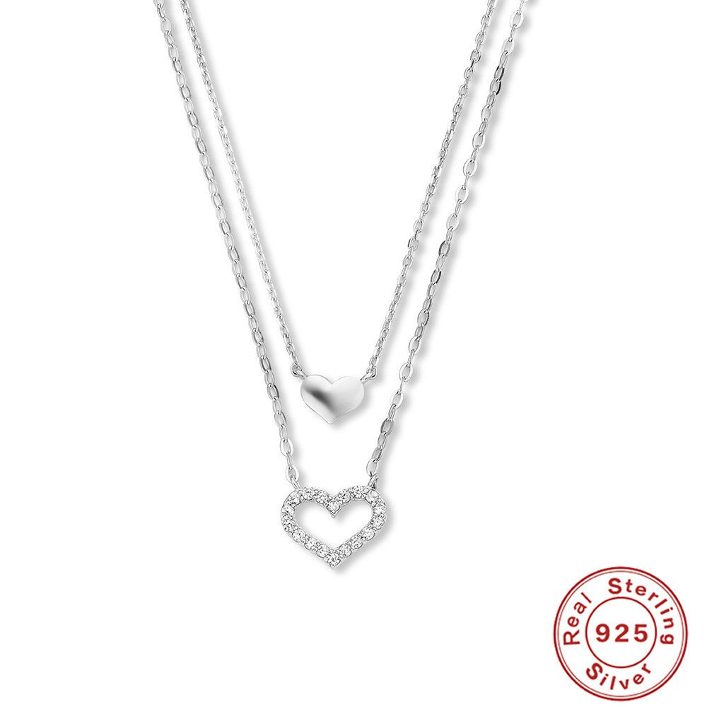 Twin Heart Double-Layer Necklace – 925 Sterling Silver, Gold Tone
