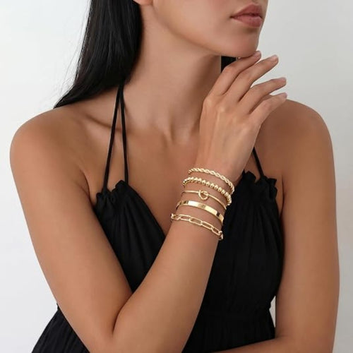Gold Bracelet Set for Women – 14K Gold Plated Chunky Cuff & Stackable Bangles, Waterproof