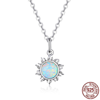 Sterling Silver S925 Sun Necklace with Opal – Platinum Plated