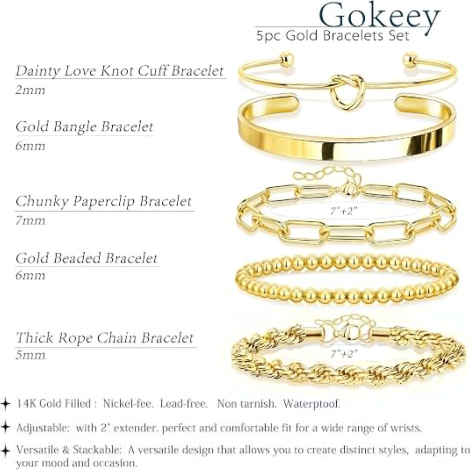 Gold Bracelet Set for Women – 14K Gold Plated Chunky Cuff & Stackable Bangles, Waterproof