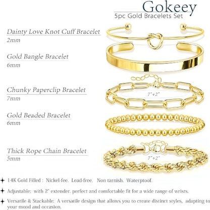 Gold Bracelet Set for Women – 14K Gold Plated Chunky Cuff & Stackable Bangles, Waterproof