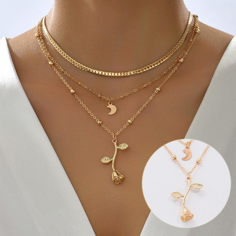 Bohemia Multilayer Moon & Rose Gold Pendant Necklace