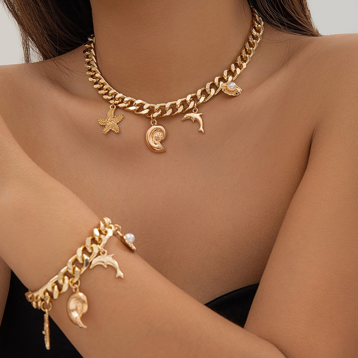 Boho Conch Dolphin Starfish Pendant Choker Necklace
