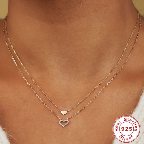 Twin Heart Double-Layer Necklace – 925 Sterling Silver, Gold Tone