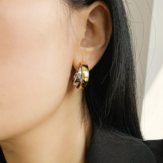 Women's Gold and Silver Contrast Double Hoop Earrings