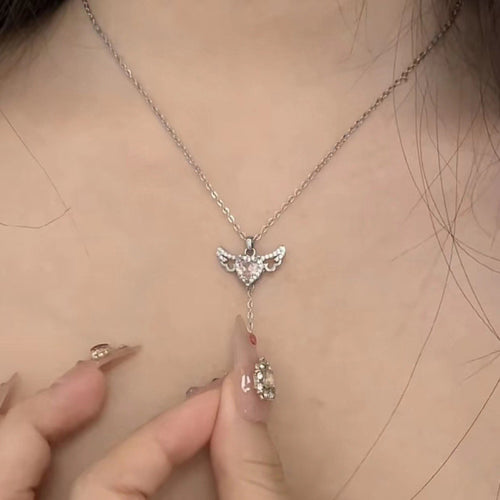 Cupid Heart Angel Wings Tassel Necklace with Crystal