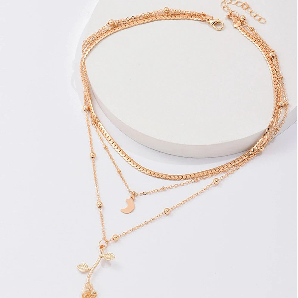 Bohemia Multilayer Moon & Rose Gold Pendant Necklace