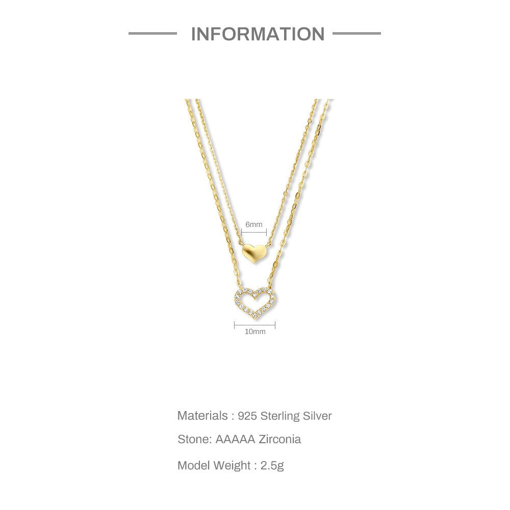 Twin Heart Double-Layer Necklace – 925 Sterling Silver, Gold Tone