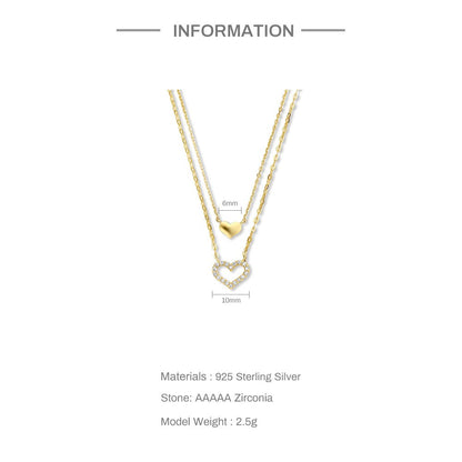 Twin Heart Double-Layer Necklace – 925 Sterling Silver, Gold Tone