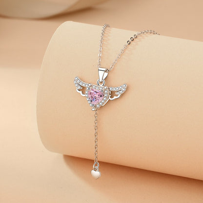 Cupid Heart Angel Wings Tassel Necklace with Crystal