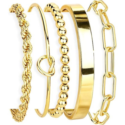 Gold Bracelet Set for Women – 14K Gold Plated Chunky Cuff & Stackable Bangles, Waterproof