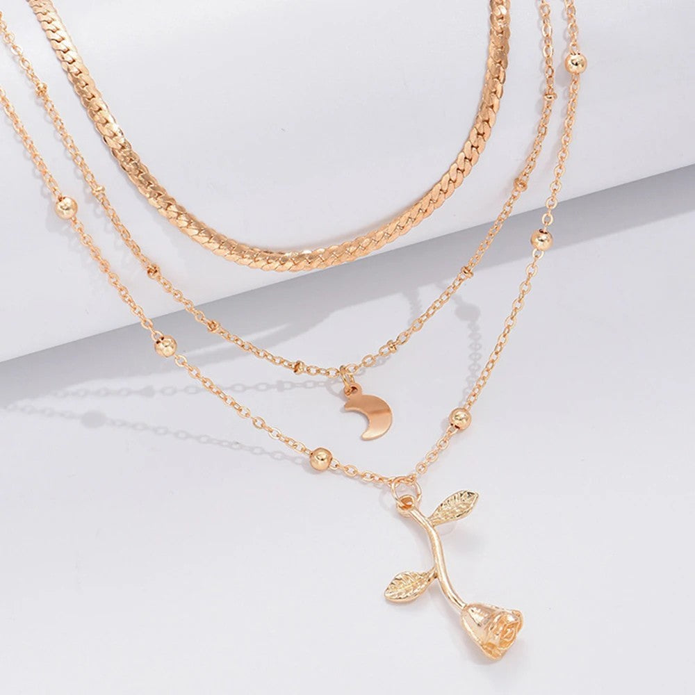 Bohemia Multilayer Moon & Rose Gold Pendant Necklace