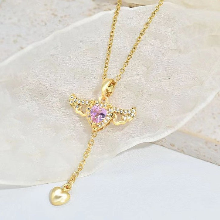 Cupid Heart Angel Wings Tassel Necklace with Crystal