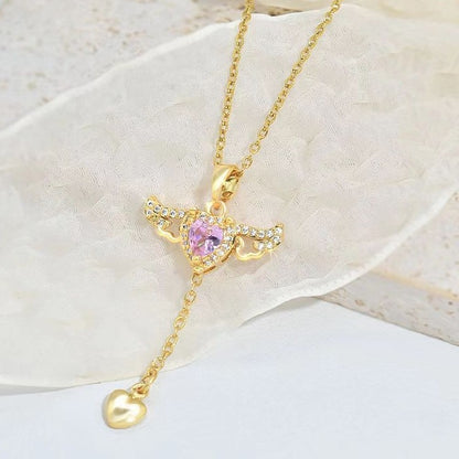Cupid Heart Angel Wings Tassel Necklace with Crystal