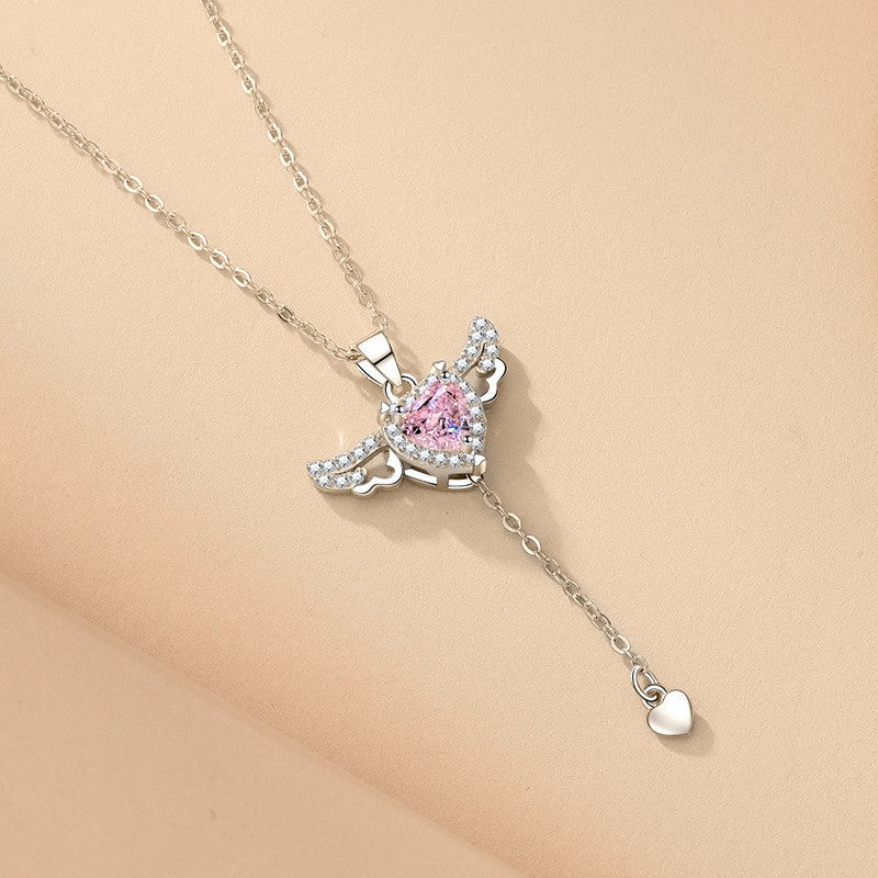 Cupid Heart Angel Wings Tassel Necklace with Crystal