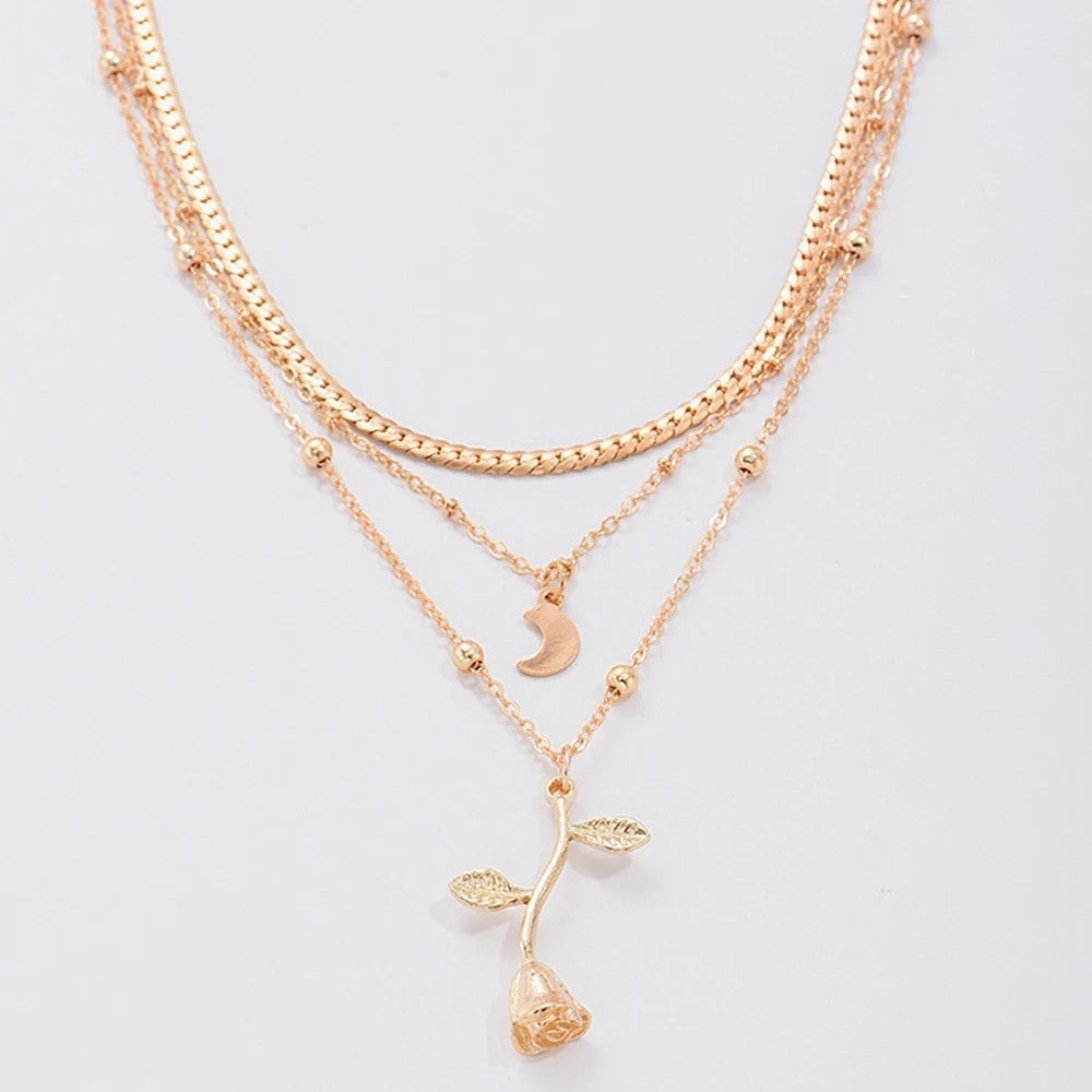 Bohemia Multilayer Moon & Rose Gold Pendant Necklace