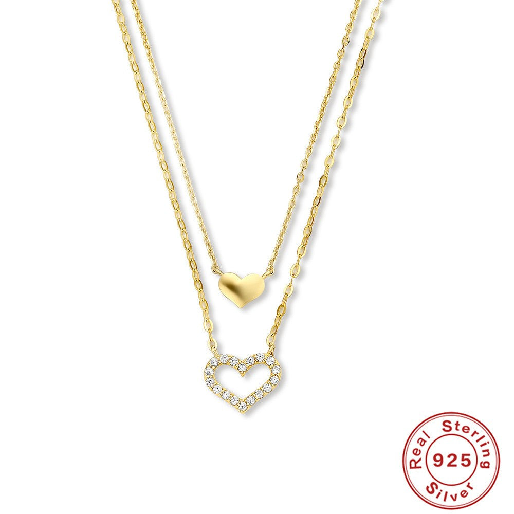 Twin Heart Double-Layer Necklace – 925 Sterling Silver, Gold Tone