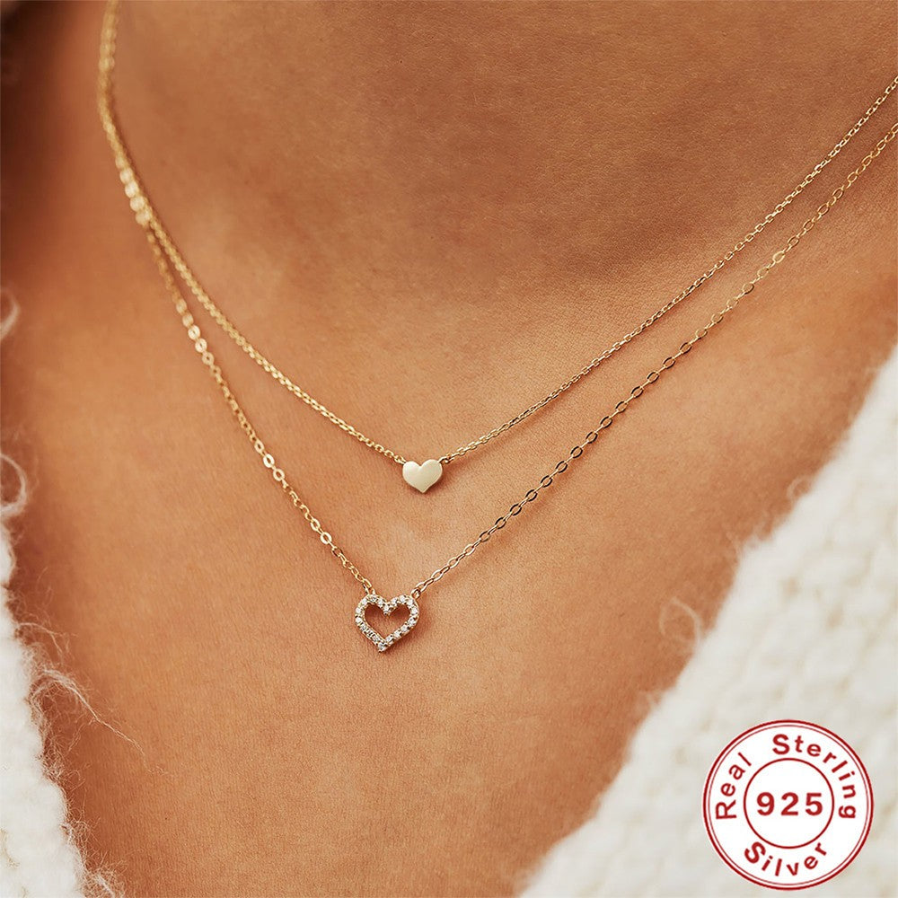 Twin Heart Double-Layer Necklace – 925 Sterling Silver, Gold Tone