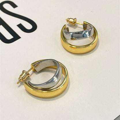 Women's Gold and Silver Contrast Double Hoop Earrings