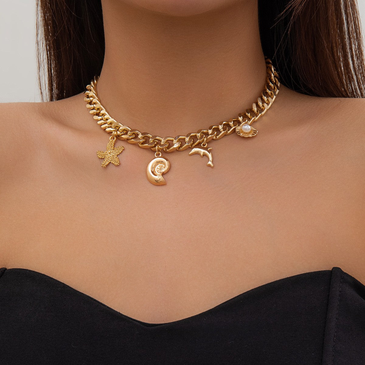 Boho Conch Dolphin Starfish Pendant Choker Necklace